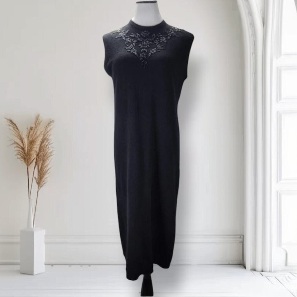 Vintage 60s Cashmere Black Shift Dress Beaded Floral Sleeveless Mod Midi M